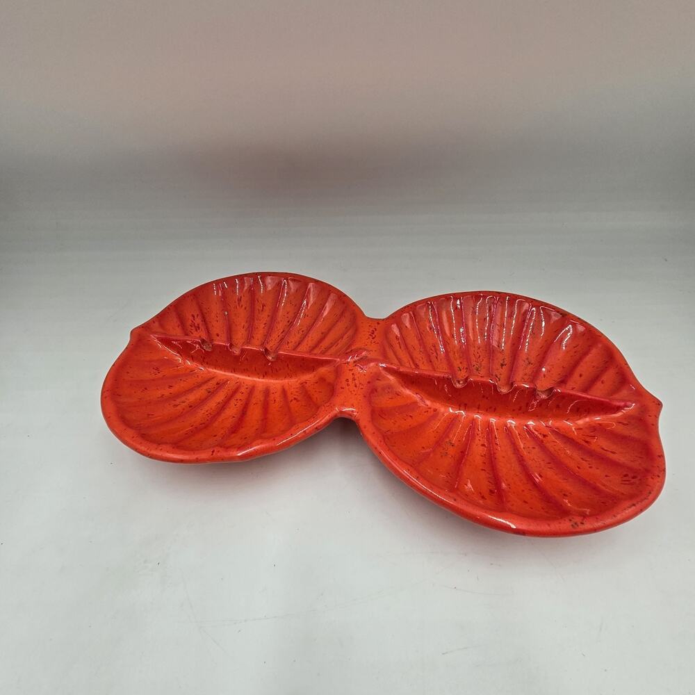 Mid Century Orange Red Ceramic Ashtray RARE Shape HTF USA Elongated Ceramic